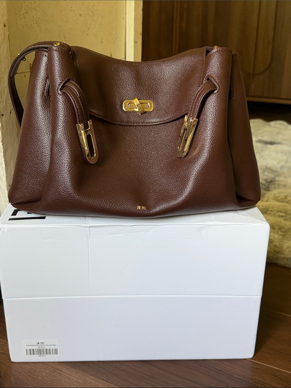 JW PEI Chocolate Brown Vegan Leather Shoulder Bag with Gold Accents - Picture 6 of 17